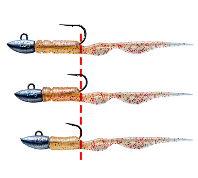 ックが出るポイントを同じにすることで、テールの動きが均一化されワームのポテンシャルを損なわずにサイズ変更が可能。