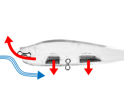 カップが生み出す揚力と固定ウェイトのバランスが、水面直下のリトリーブをキープ。